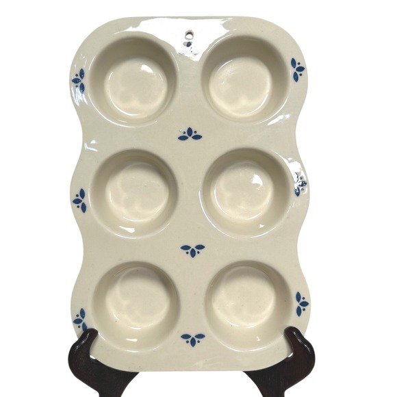 Roseville Pottery Other - Friendship Pottery Blue Flower Cream Stoneware 6 Cup Muffin Pan Heart Wall Decor
